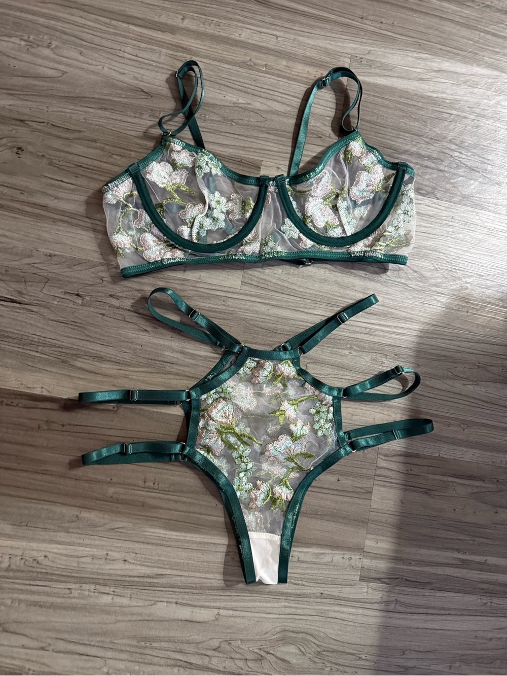 Sheer Floral Embroidery Strappy Lingerie Set